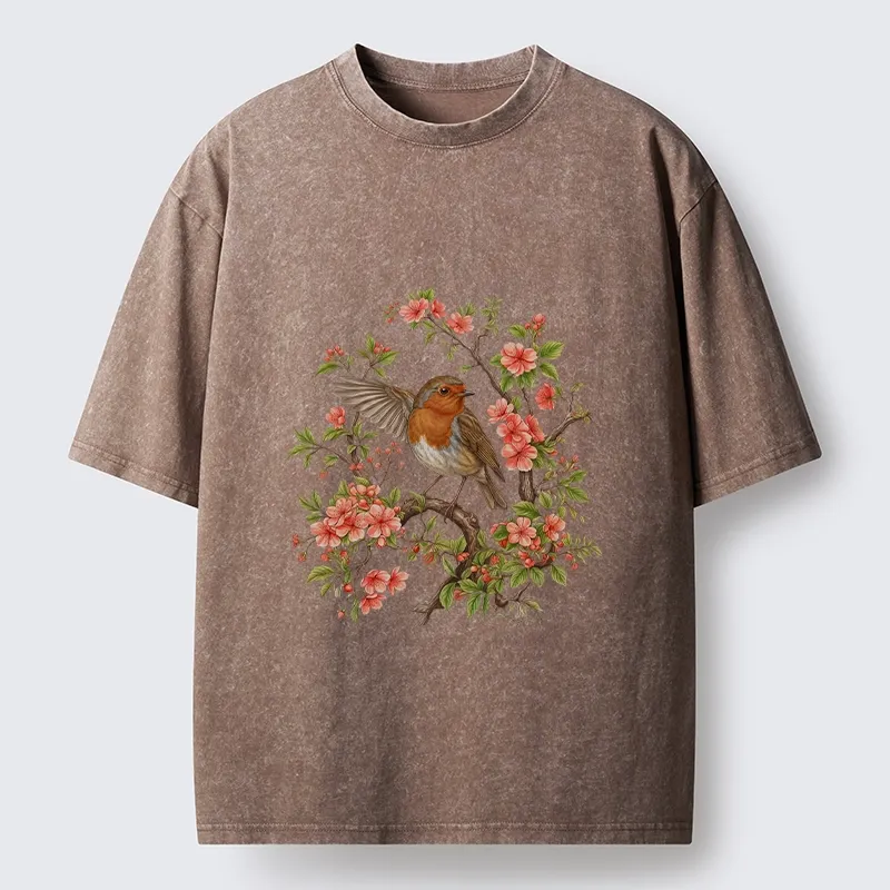 Tokyo-Tiger Beautiful Robin And Spring Flowers Washed T-Shirt