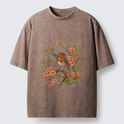 Tokyo-Tiger Beautiful Robin And Spring Flowers Washed T-Shirt