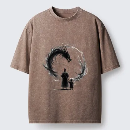 Tokyo-Tiger Samurai And Dragon Fatherhood Washed T-Shirt