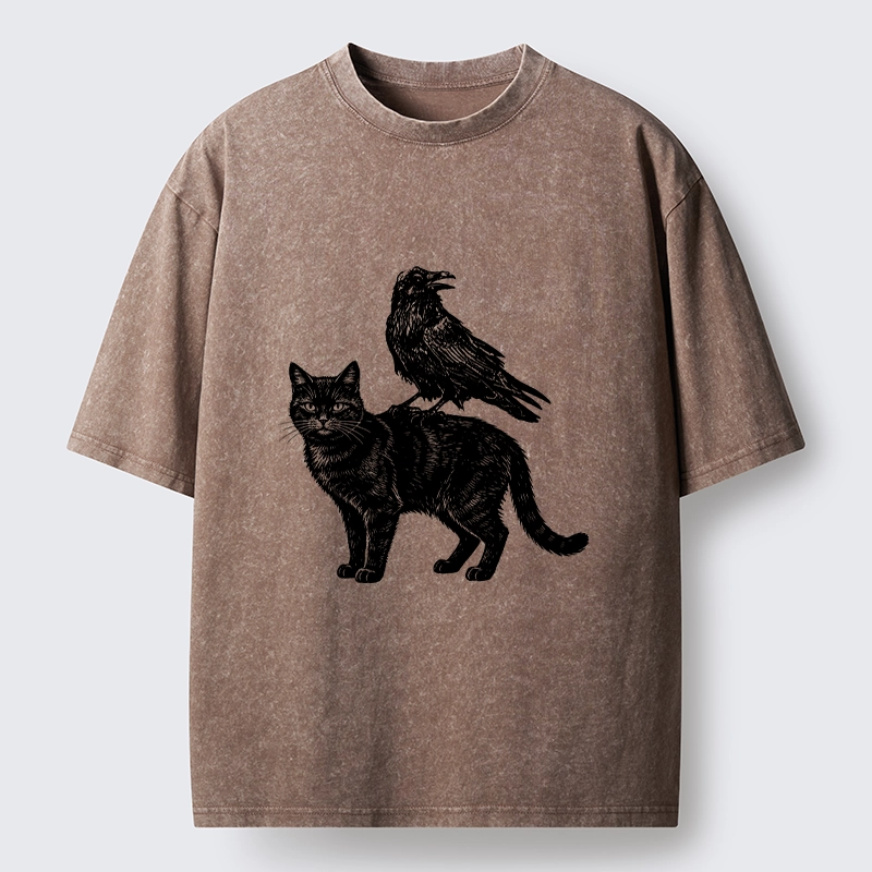 Tokyo-Tiger Funny Meme About Spooky Cat And Crow Washed T-Shirt