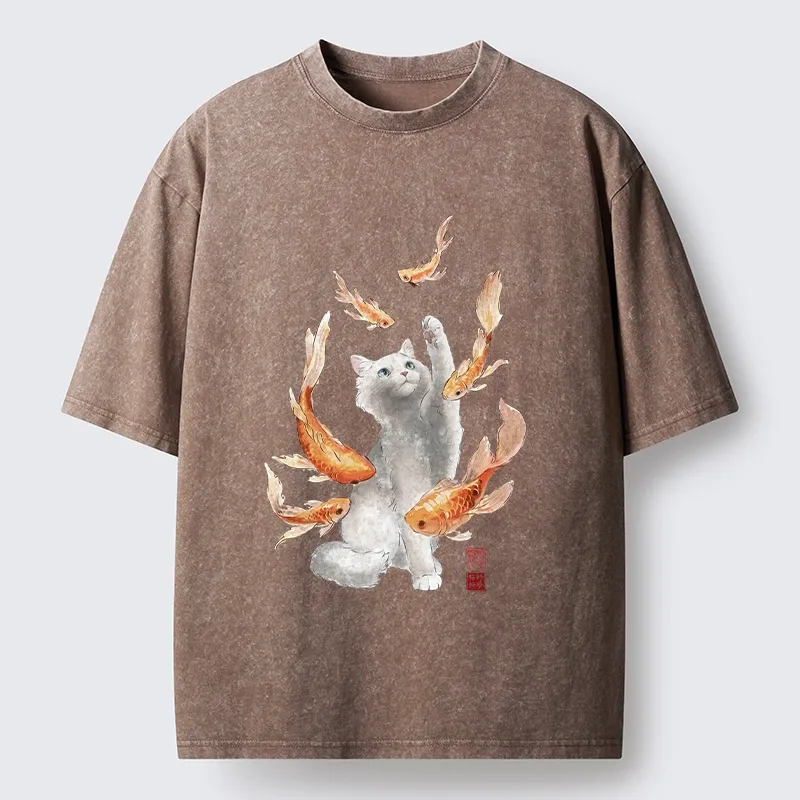 Tokyo-Tiger Fluffy Cat Chasing Koi Fish Dreams Washed T-Shirt
