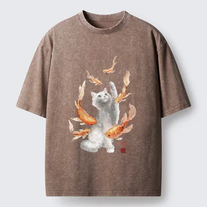 Tokyo-Tiger Fluffy Cat Chasing Koi Fish Dreams Washed T-Shirt