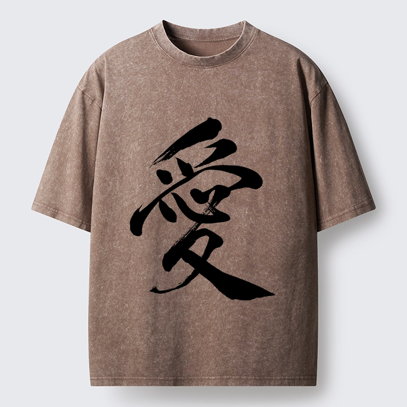 Tokyo-Tiger Japanese Kanji Love In Brush Strokes Washed T-Shirt