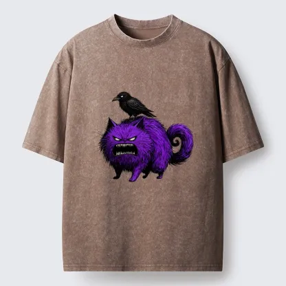 Tokyo-Tiger Spooky Purple Cat Ready To Attack Washed T-Shirt
