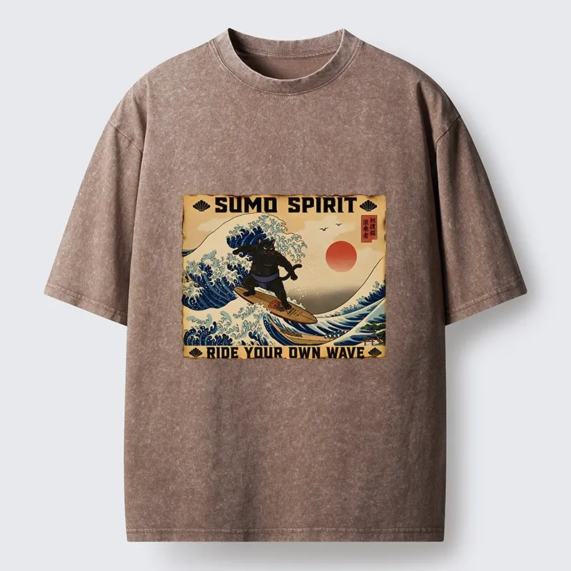 Tokyo-Tiger Sumo Cat Riding Its Own Wave Washed T-Shirt