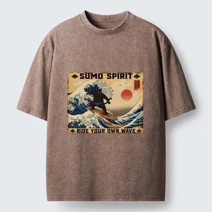 Tokyo-Tiger Sumo Cat Riding Its Own Wave Washed T-Shirt