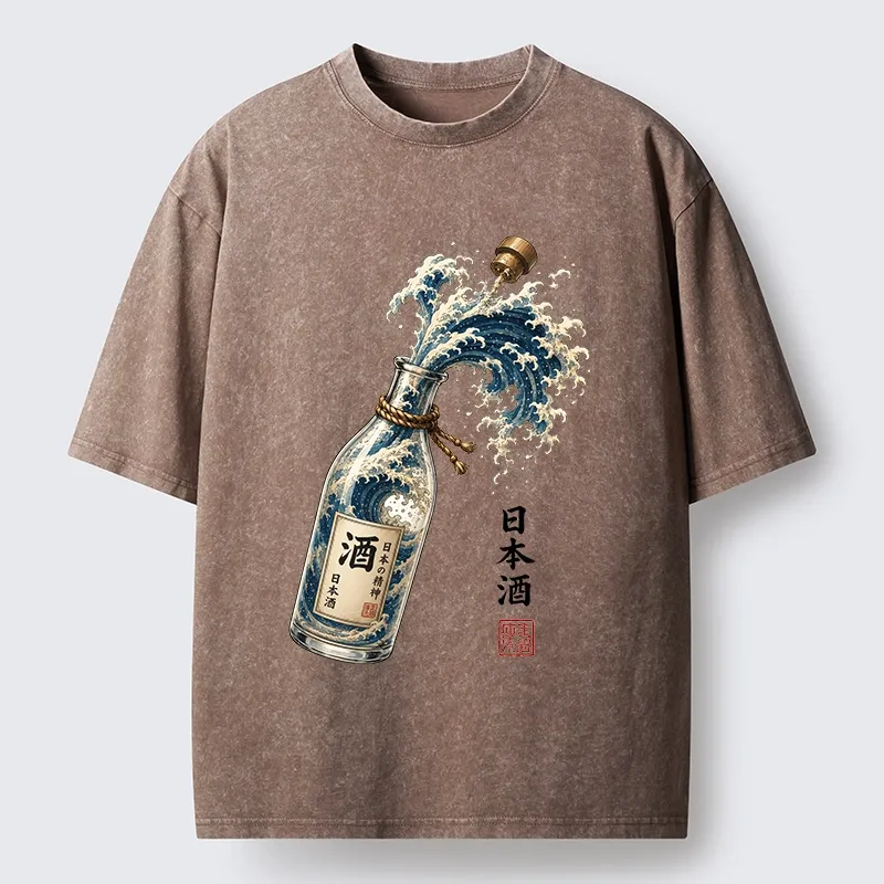 Tokyo-Tiger Ocean Wave Poured From A Sake Bottle Washed T-Shirt