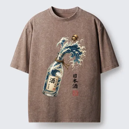 Tokyo-Tiger Ocean Wave Poured From A Sake Bottle Washed T-Shirt