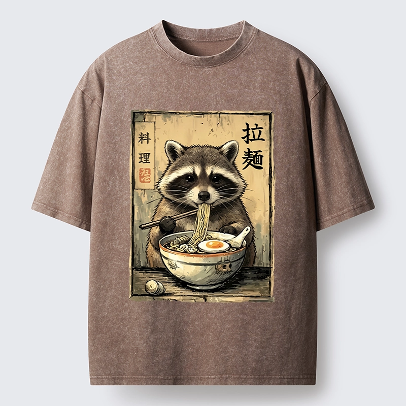 Tokyo-Tiger Raccoon Eating Ramen And Loving It Washed T-Shirt