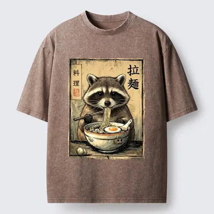 Tokyo-Tiger Raccoon Eating Ramen And Loving It Washed T-Shirt