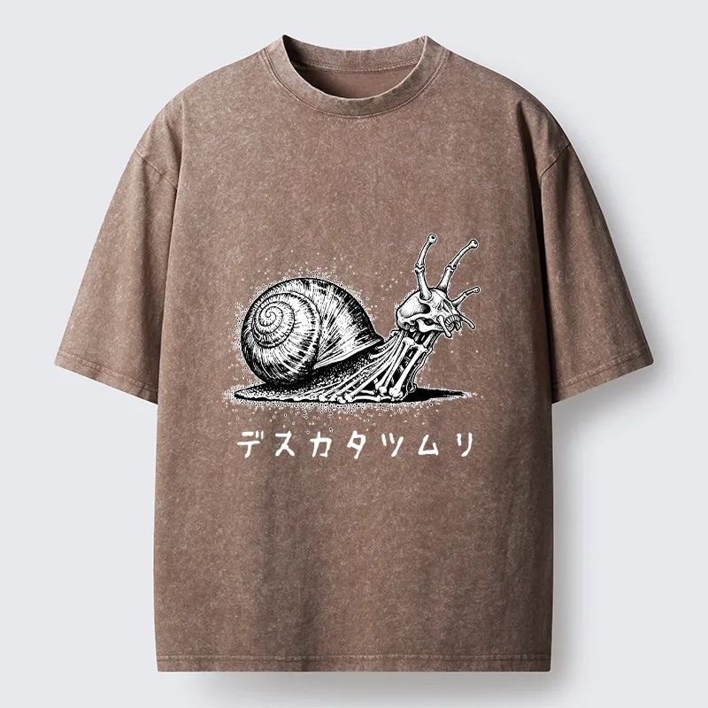 Tokyo-Tiger Creepy Skeleton Snail Inked Style Washed T-Shirt Sale