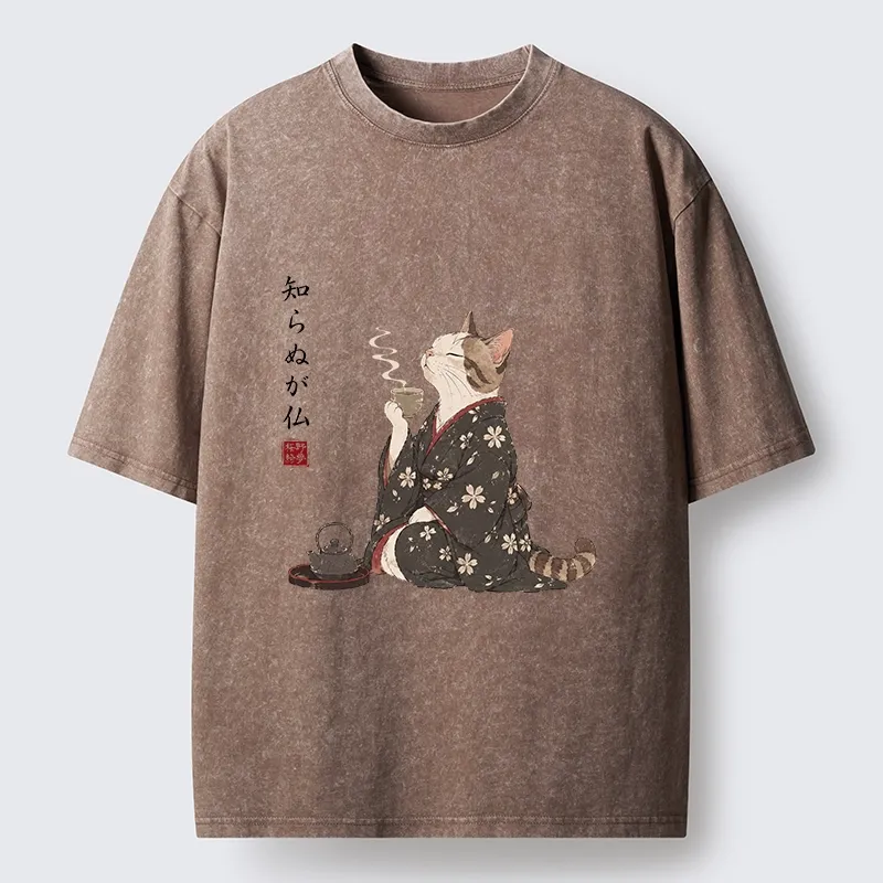Tokyo-Tiger Zen Cat Drinking Tea In A Kimono Washed T-Shirt