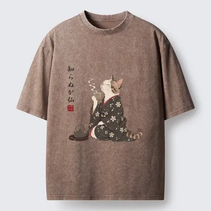 Tokyo-Tiger Zen Cat Drinking Tea In A Kimono Washed T-Shirt