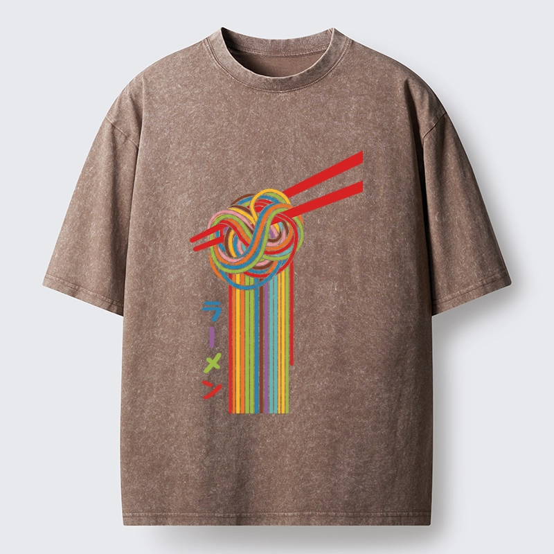 Tokyo-Tiger Colorful Noodles On Red Chopsticks Washed T-Shirt