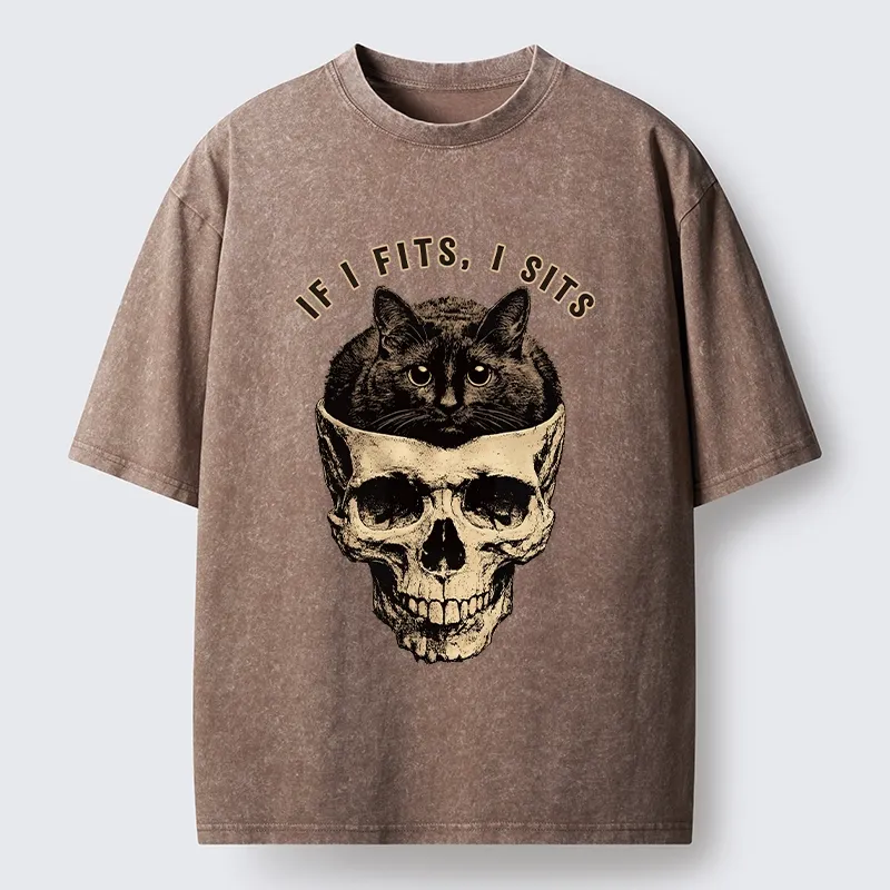 Tokyo-Tiger Cat In A Skull If It Fits I Sits Washed T-Shirt