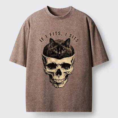 Tokyo-Tiger Cat In A Skull If It Fits I Sits Washed T-Shirt