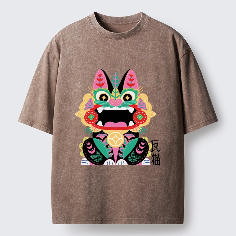 Tokyo-Tiger Colorful Meme Cat With Folk Style Washed T-Shirt