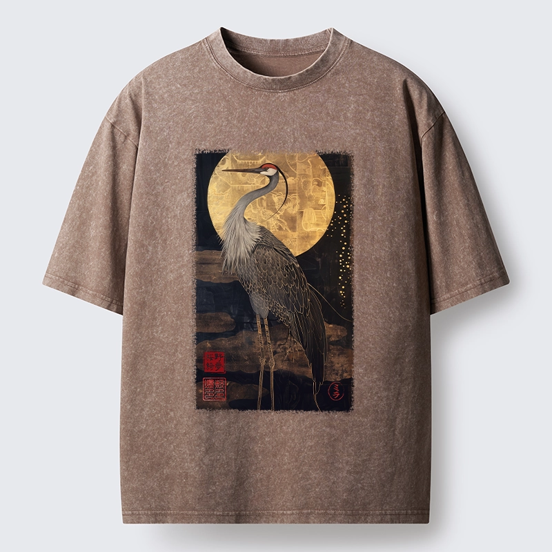 Tokyo-Tiger Golden Crane Under The Full Moon Washed T-Shirt