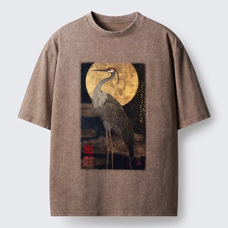 Tokyo-Tiger Golden Crane Under The Full Moon Washed T-Shirt