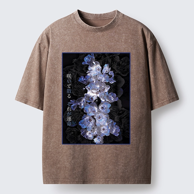 Tokyo-Tiger Glowing Blue Flowers In The Dark Washed T-Shirt
