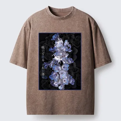 Tokyo-Tiger Glowing Blue Flowers In The Dark Washed T-Shirt