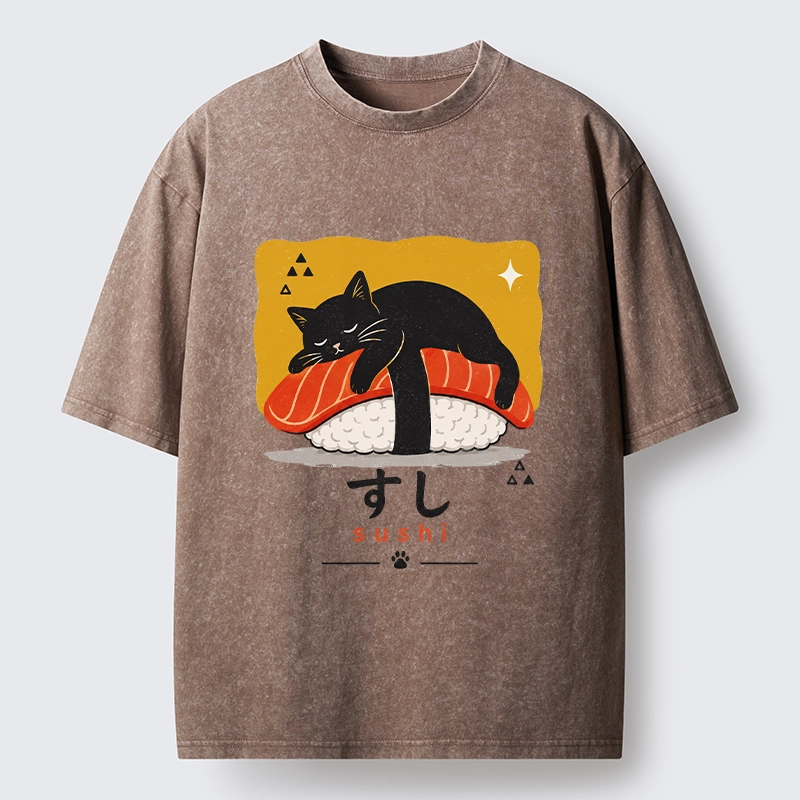 Tokyo-Tiger Black Cat Napping On Salmon Sushi Washed T-Shirt