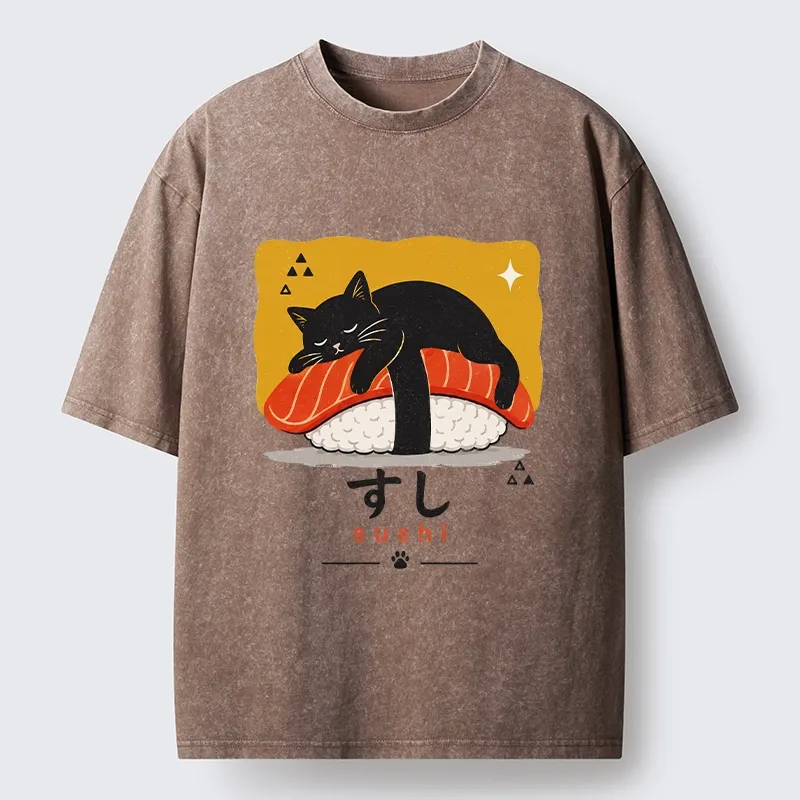 Tokyo-Tiger Black Cat Napping On Salmon Sushi Washed T-Shirt