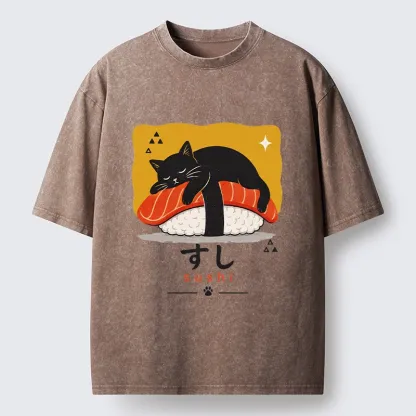 Tokyo-Tiger Black Cat Napping On Salmon Sushi Washed T-Shirt