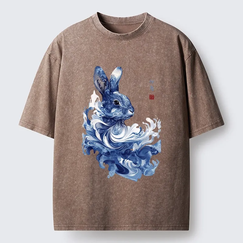 Tokyo-Tiger Blue And White Rabbit Art Washed T-Shirt