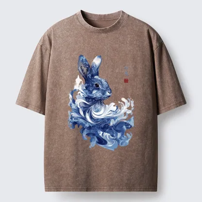 Tokyo-Tiger Blue And White Rabbit Art Washed T-Shirt