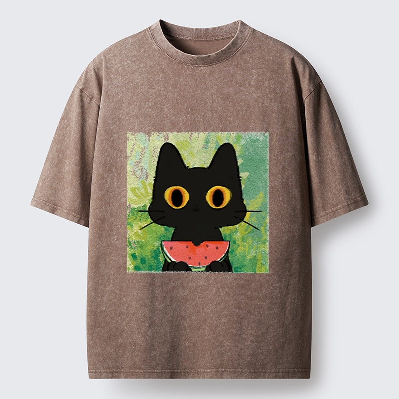 Tokyo-Tiger Black Cat Loves Watermelon Washed T-Shirt
