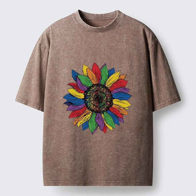 Tokyo-Tiger Rainbow Sunflower Pride Art Washed T-Shirt
