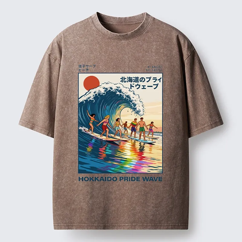 Tokyo-Tiger Hokkaido Pride Wave Surfing Fun Washed T-Shirt