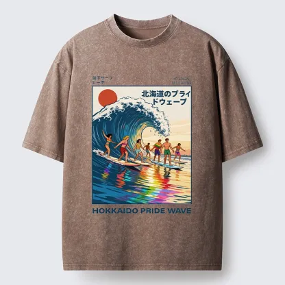 Tokyo-Tiger Hokkaido Pride Wave Surfing Fun Washed T-Shirt