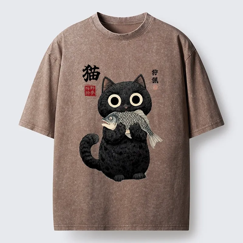 Tokyo-Tiger Black Cat Caught A Big Fish Washed T-Shirt