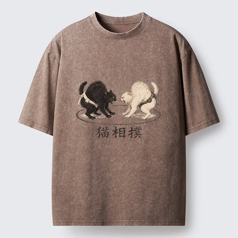Tokyo-Tiger Cat Sumo Battle Funny Meme Washed T-Shirt
