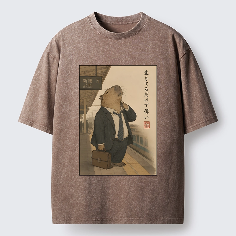 Tokyo-Tiger Funny Capybara Office Worker Meme Washed T-Shirt