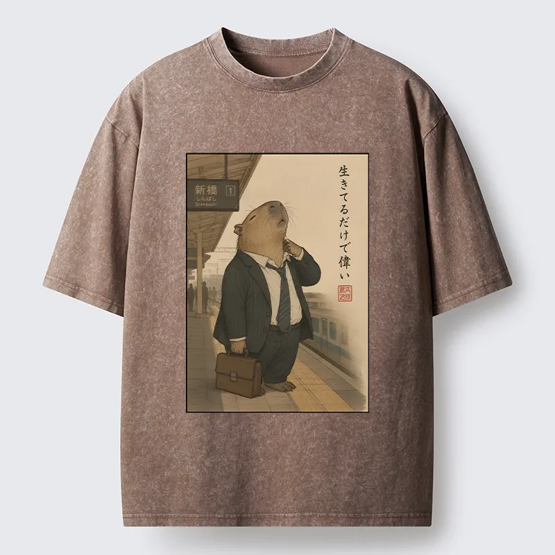 Tokyo-Tiger Funny Capybara Office Worker Meme Washed T-Shirt