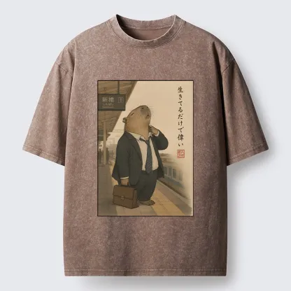 Tokyo-Tiger Funny Capybara Office Worker Meme Washed T-Shirt