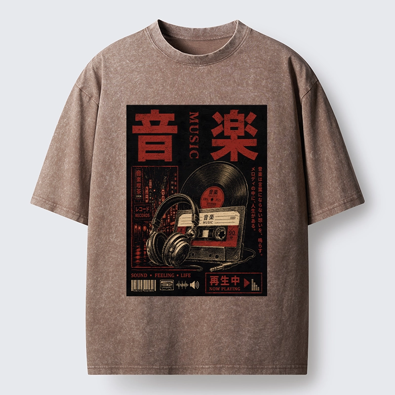 Tokyo-Tiger Retro Music Lovers Washed T-Shirt