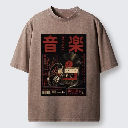 Tokyo-Tiger Retro Music Lovers Washed T-Shirt