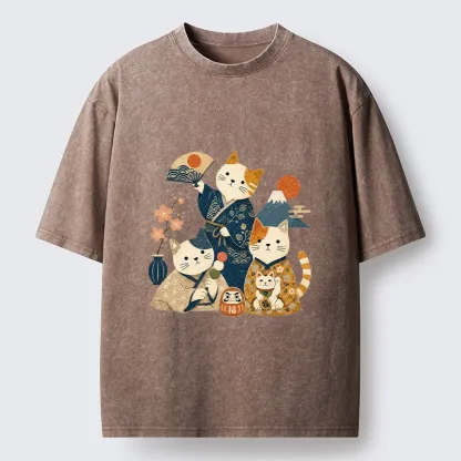Tokyo-Tiger Lucky Cats Enjoying Traditional Japan Vibes Washed T-Shirt