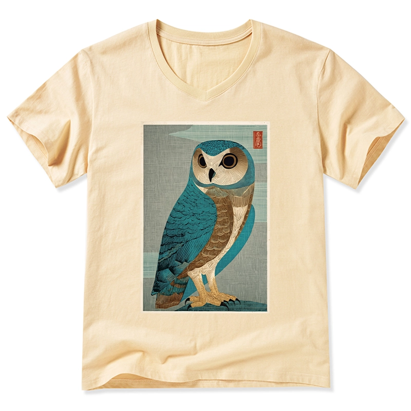 Tokyo-Tiger Vintage Owl Woodblock Art V-Neck Classic T-Shirt