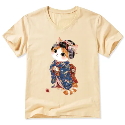 Tokyo-Tiger Cat Dressed As A Geisha Funny V-Neck Classic T-Shirt