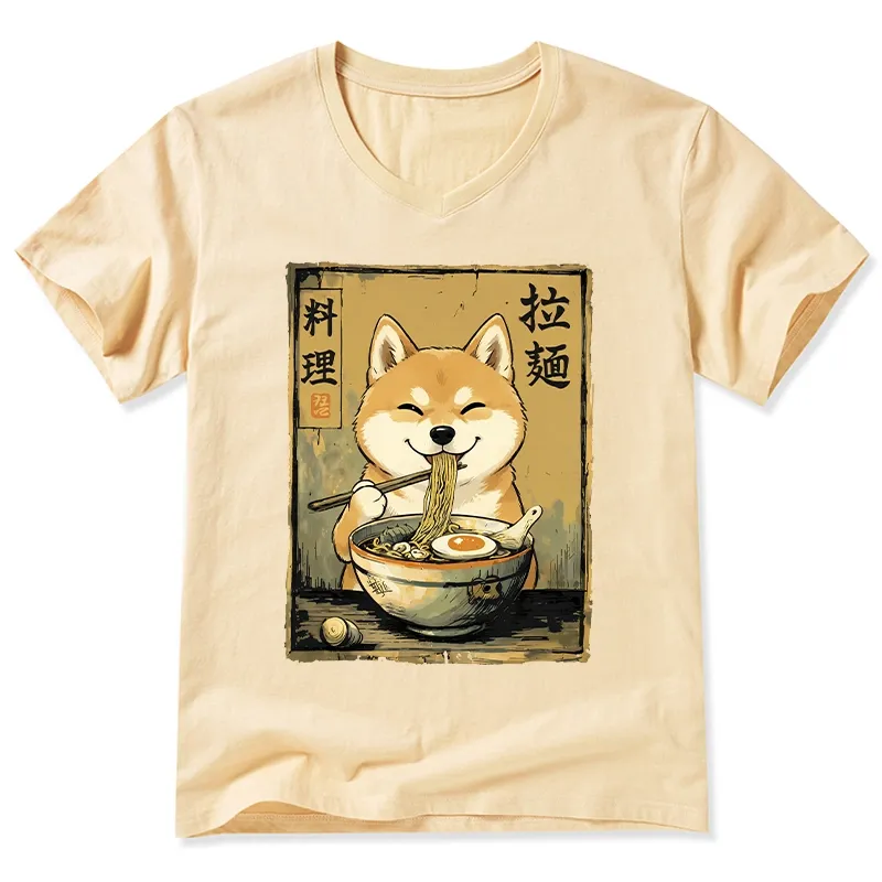 Tokyo-Tiger Happy Shiba Eating Ramen V-Neck Classic T-Shirt