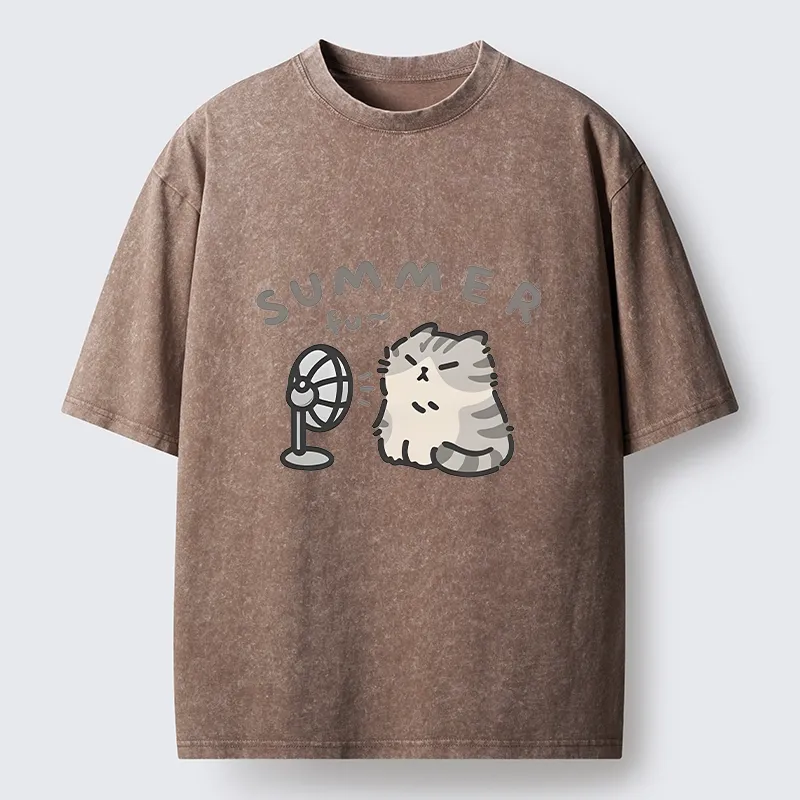Tokyo-Tiger Summer Cat Chills With A Fan Washed T-Shirt