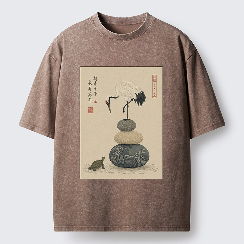 Tokyo-Tiger Turtle And Crane Traditional Art Washed T-Shirt