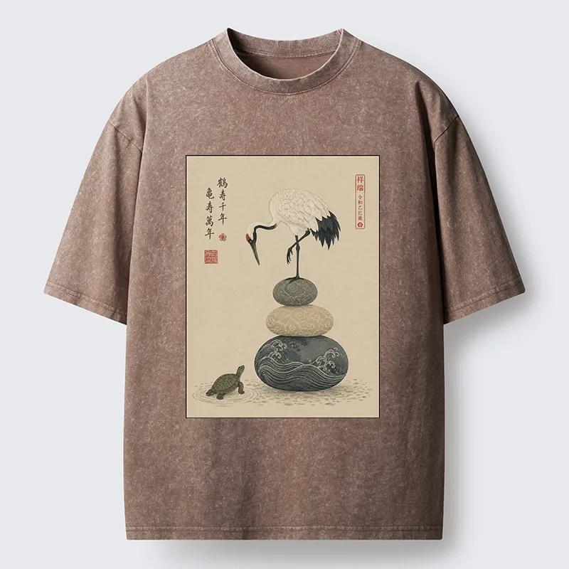 Tokyo-Tiger Turtle And Crane Traditional Art Washed T-Shirt Sale