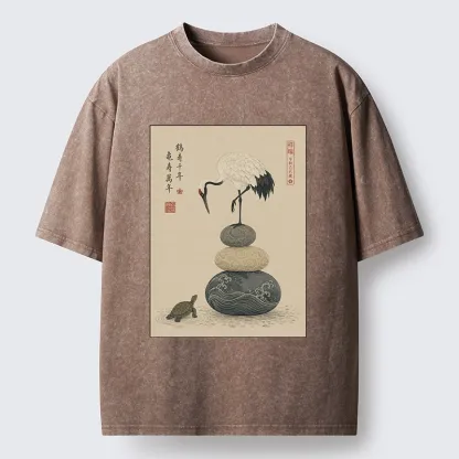 Tokyo-Tiger Turtle And Crane Traditional Art Washed T-Shirt