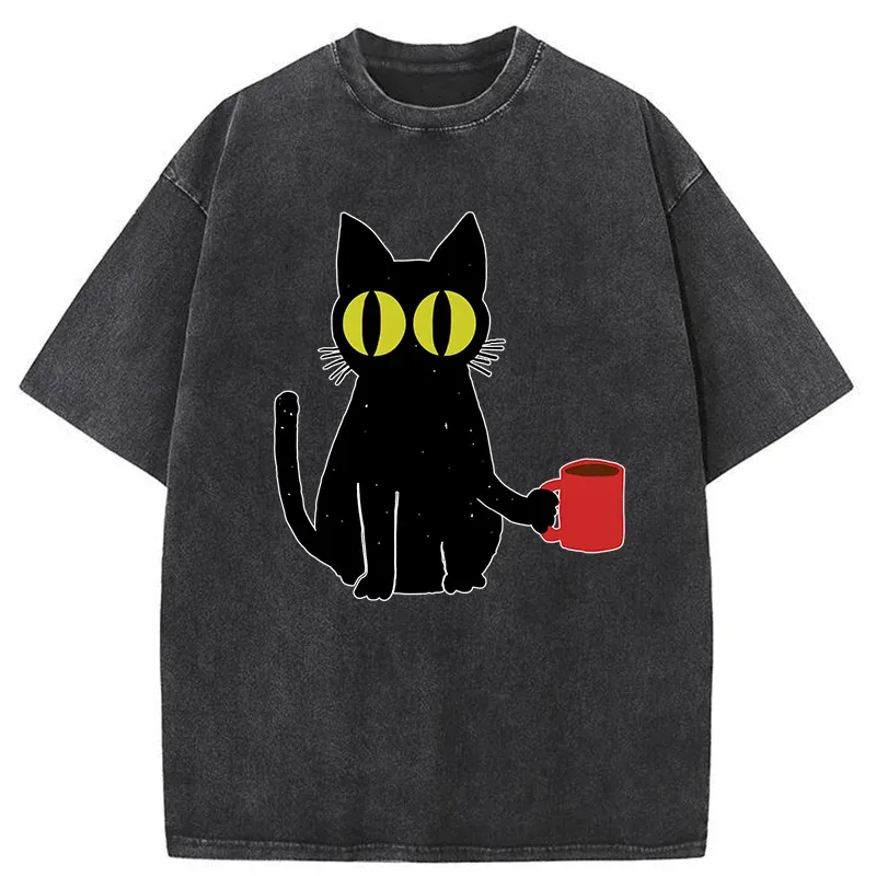 Tokyo-Tiger Cat Holding Coffee Washed T-Shirt